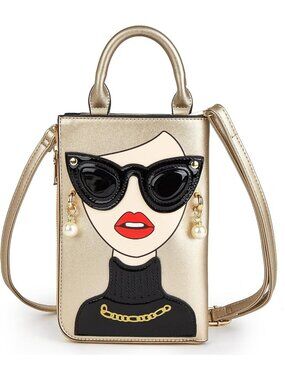 Women Cream Gold Novelty Lady Face PU Leather Shoulder Bag Handle Satchel Clutch